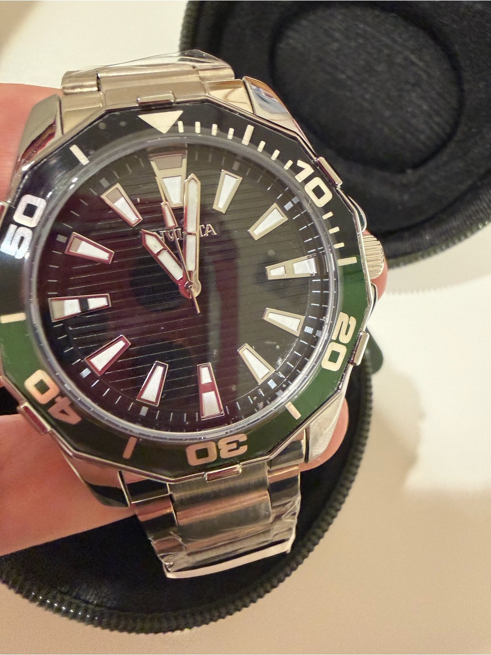 Invicta Men's Black Dial Silver Stainless Steel Dive Watch with Green Bezel